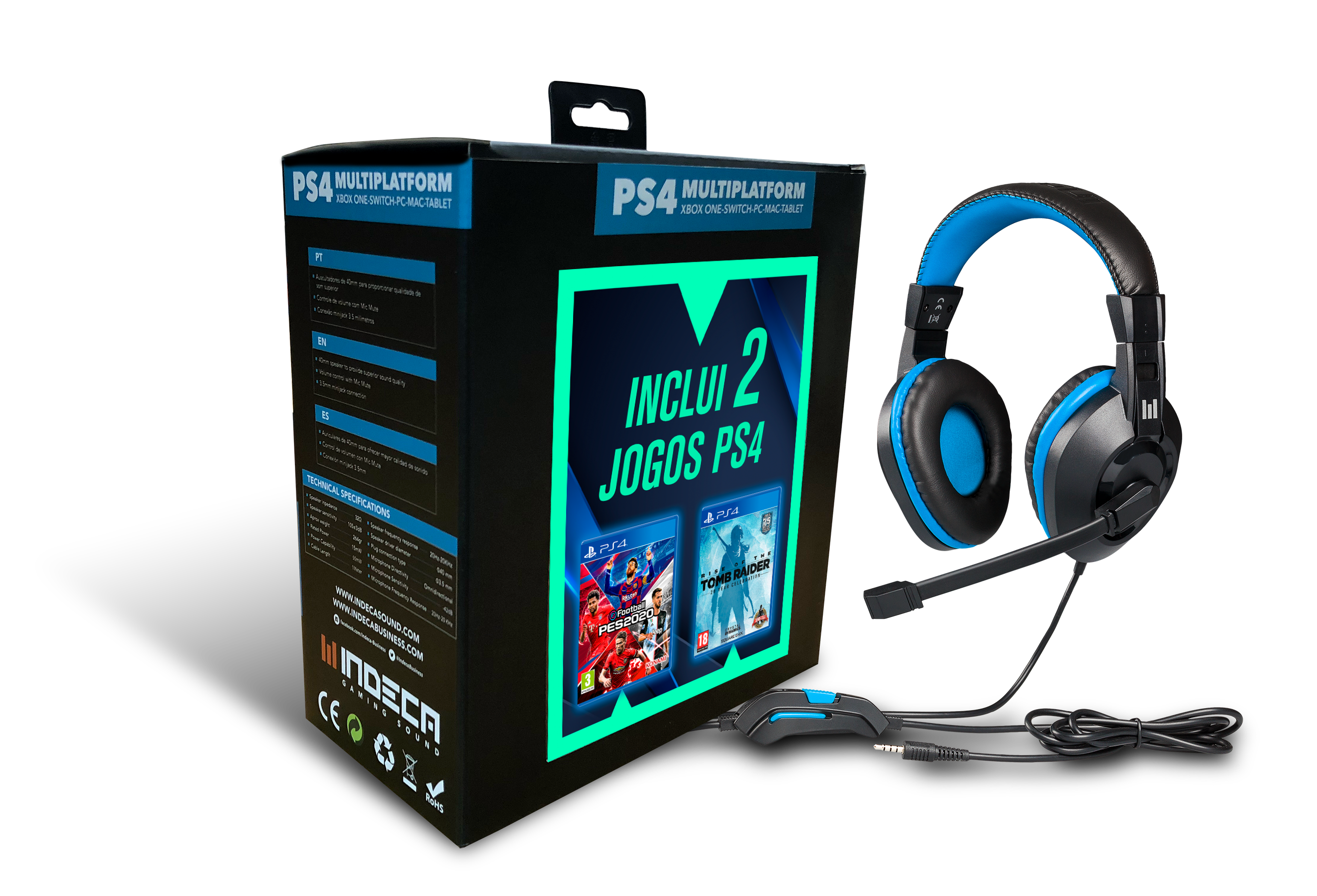 Headset PS4 Ray + PES 2020 + Tomb Raider