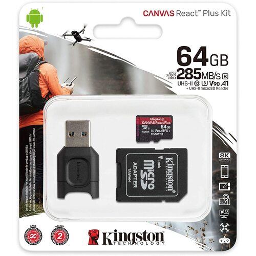 Cartão Micro SDXC Kingston 64GB React Plus + Adaptador Classe 10 U3 285MB/s