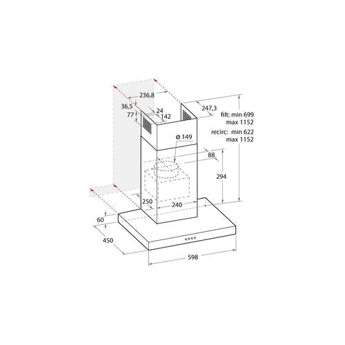 Exaustor de Parede Hotpoint HHBS 6.5 F AM X | 70x60x45 cm | 581 m³/h | C | Aço inoxidável