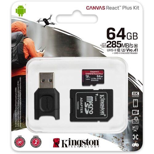 Cartão Micro SDXC Kingston 64GB React Plus + Adaptador Classe 10 U3 285MB/s