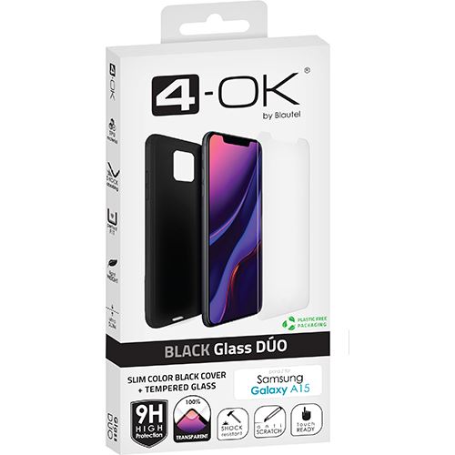 Capa 4-OK Ultra Slim + Película Protetora de Ecrã Vidro Temperado Glass Duo para Samsung Galaxy A15 - Preto