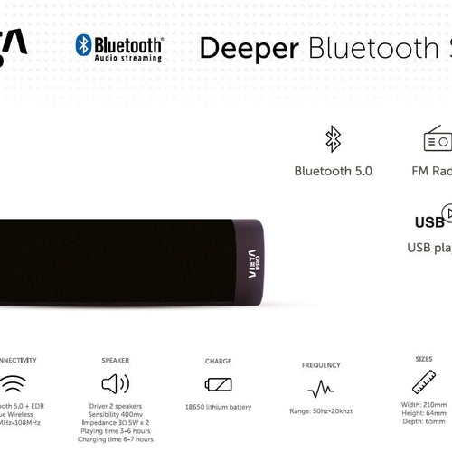 Coluna Portátil Vieta MK-02 Deeper BT Rádio Preta