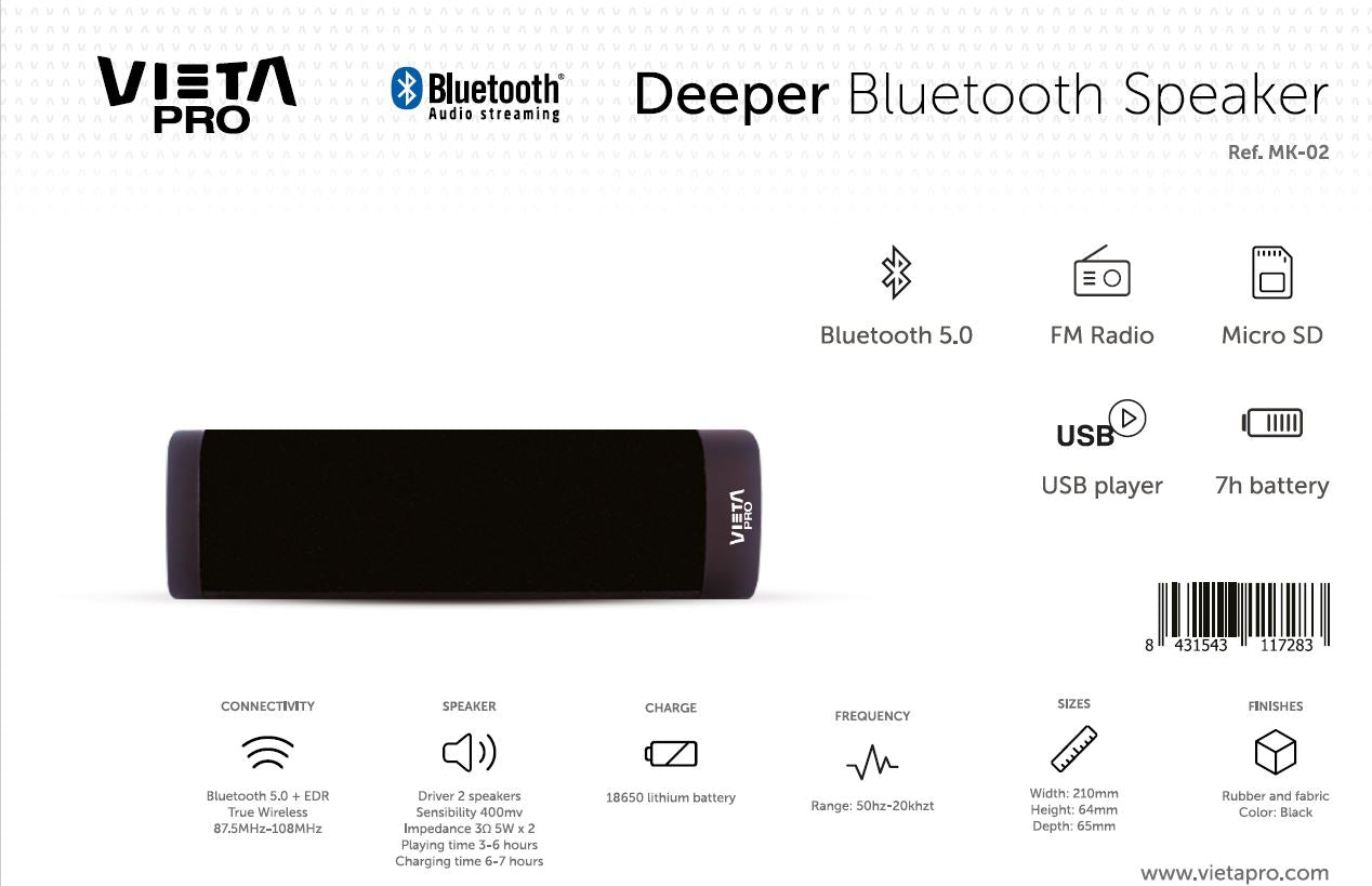 Coluna Portátil Vieta MK-02 Deeper BT Rádio Preta